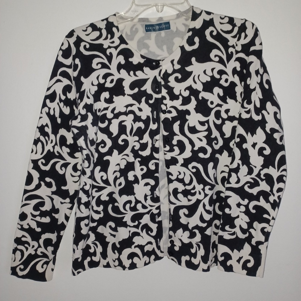 Karen Scott Women Cardigan Sweater Black  White Long Sleeve Button Up Size Med/L